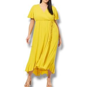 NWT! Torrid Maxi Rayon Slub Surplice Wrap Dress Yellow A-Line Plus Size 3x